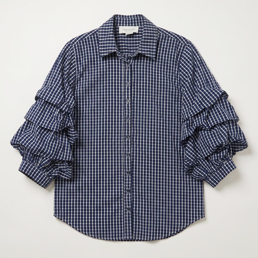 Rochelle Behrens The Shirt Womens XL Preppy Coastal Gingham Ruffle Button Blouse